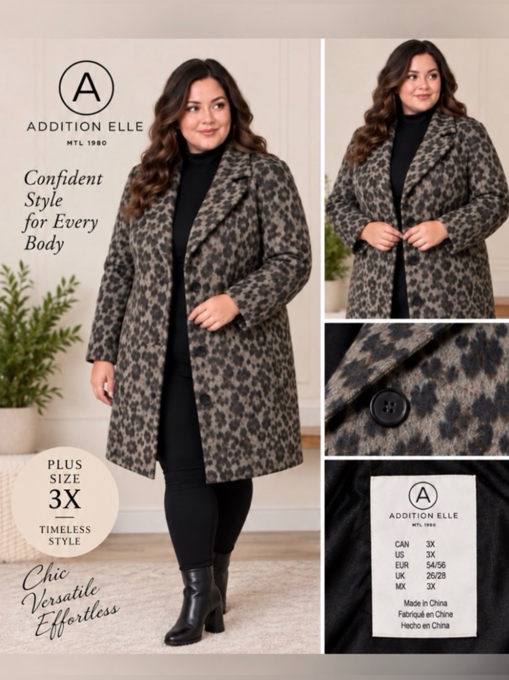 Addition Elle Leopard Print Wool Blend Coat Plus Size 3X 26/28